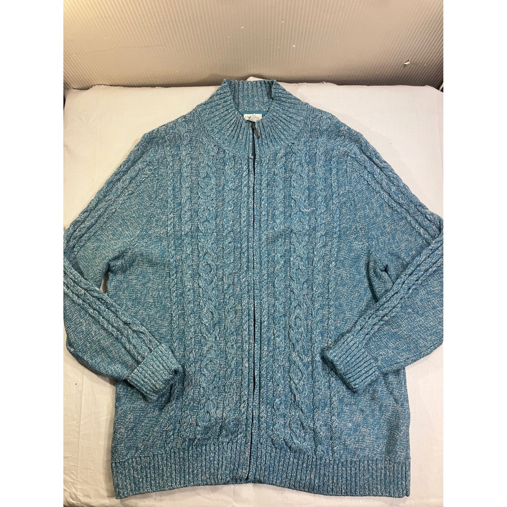 LL Bean Mens 2X Blue Marl Cable Knit Full Zip Cotton Cardigan Sweater 300112